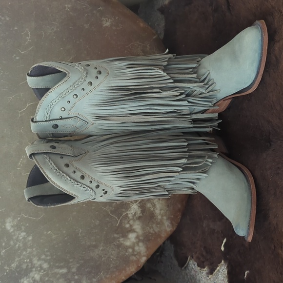 LIBERTY BLACK Vegas Fringed leather boots "Ciel"/Ice Blue LB71124 snip toe sz6.5 - Picture 3 of 16